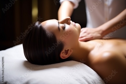 young beautiful woman enjoying a massage at the spa. vacation luxury hotel resort concept
