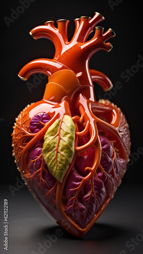 3D model of the human heart with blood vessels. Generative AI