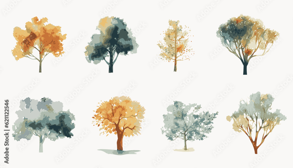 Set of 8 watercolor style trees