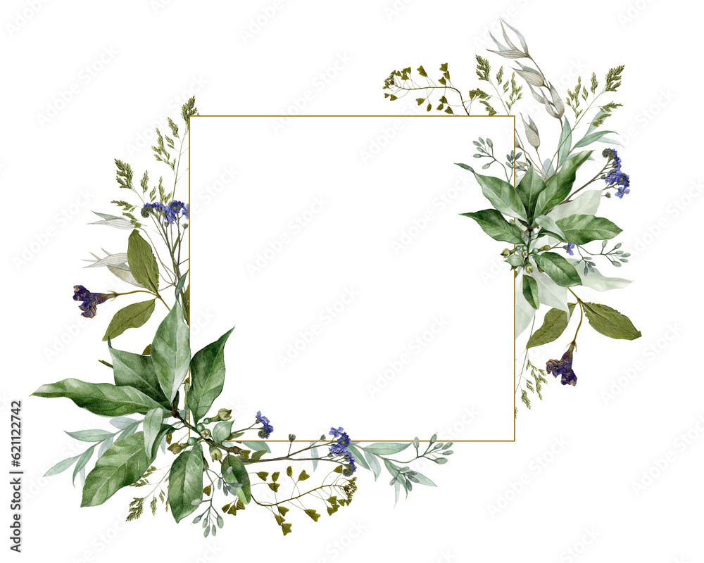 Naklejka premium Watercolor wildflowers and dry flower frame isolated on white background. Hand-drawn meadow green leaf and flower for wedding stationery, greetings, wallpapers, prints, postcards. Botanical art