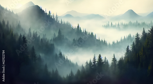beautiful landscape with tall pine trees and fog