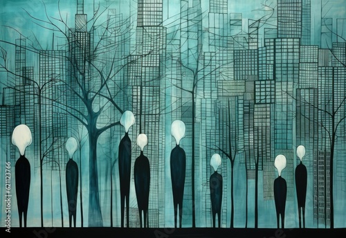 background with sihouettes of humans, trees and buildings, shades of green and blue colors. modern art illustration of anonymity photo