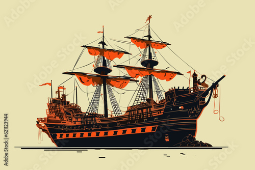 Photographie Hand-drawn cartoon Battle Ship flat art Illustrations in minimalist vector style