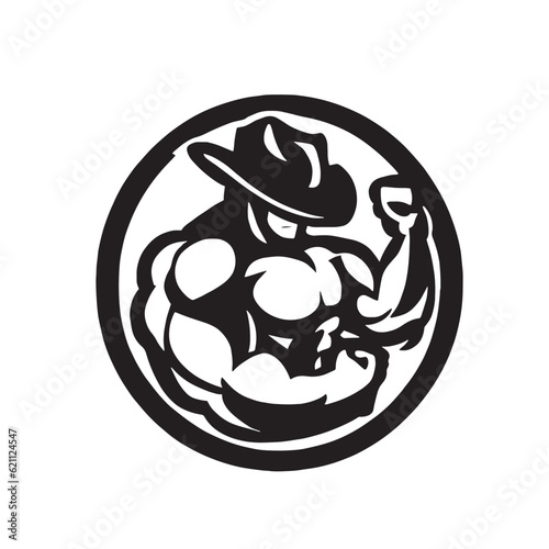 black and white bodybuilding logo illustration with cowboy hat