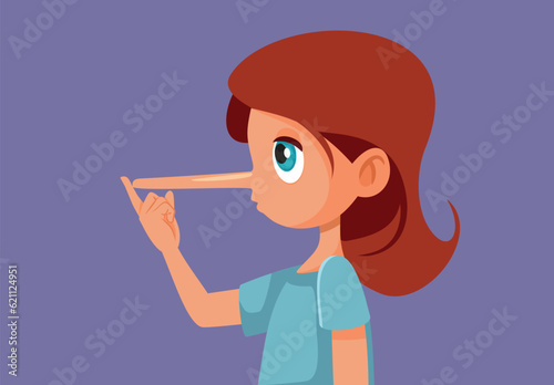 Lying Little Girl Growing a Big Nose Vector Cartoon Illustration. Funny kid telling lies having a huge problem
