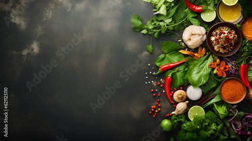 Valokuva Asian food background with various ingredients on rustic stone background, top view