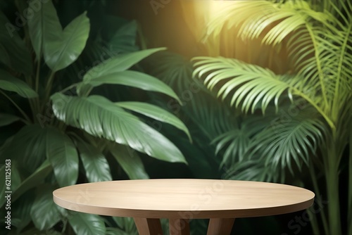 Empty Wooden Table Featuring a Tropical Palm Tree in Sunlight  Leaf Shadow on Green Wall  Ideal Setting for Presenting Luxury Organic Cosmetics  Skincare  Beauty Treatments  and Natural Products