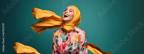 Tablou canvas modern colorful stylish outfit photoshoot of a muslim hijab woman in dynamic sho