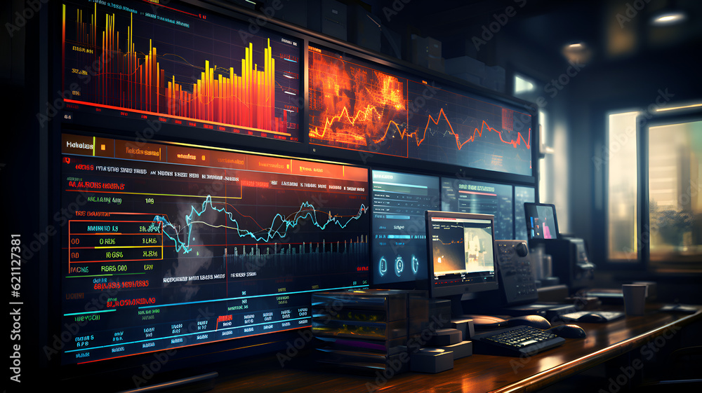 Stock trader workstation, stock market data, wall street trader workplace, cryptocurrency trader station,  day trader desk, stock market charts and data