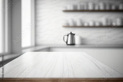 Ideal for product display  Hardwood Table with White Blurred Interior Room Background. Generative AI