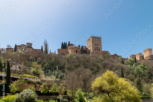 Granada Spain. April 14  2022  Alhambra castle panoramic landscape with blue sky.
