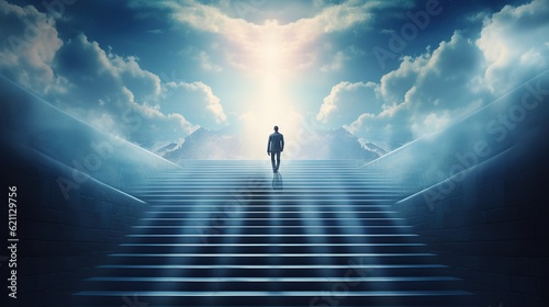Ambitious businessman climbing stairs to meet incoming challenge and business opportunity. The high stair represents the concept of career path success with generative ai