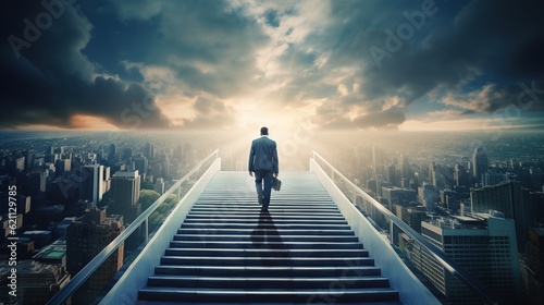 Ambitious businessman climbing stairs to meet incoming challenge and business opportunity. The high stair represents the concept of career path success with generative ai