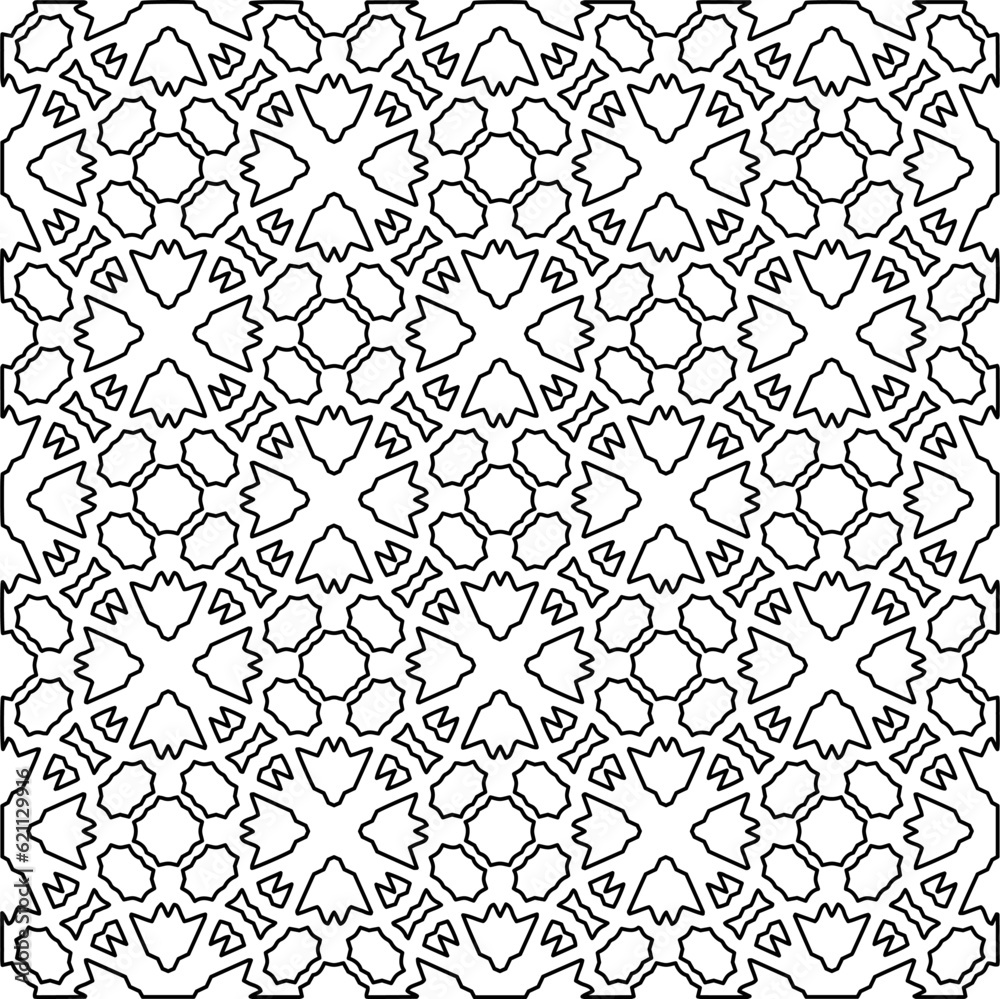  Monochrome ornamental texture with smooth linear shapes, zigzag lines, lace pattern. Abstract geometric black and white pattern for web page, textures, card, poster, fabric, textile.
