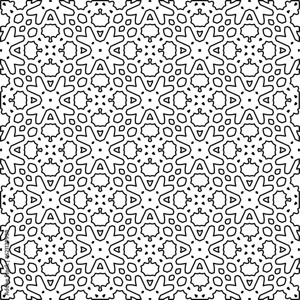 Monochrome ornamental texture with smooth linear shapes, zigzag lines, lace pattern. Abstract geometric black and white pattern for web page, textures, card, poster, fabric, textile. Monochrome ornamental texture with smooth linear shapes, zigzag lines, lace pattern. Abstract geometric black and white pattern for web page, textures, card, poster, fabric, textile.