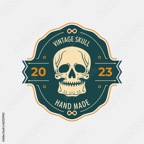 Fototapeta Naklejka Na Ścianę i Meble -  Skull vintage emblem logo, labels, badges, logos. Plated. Text on a separate layer. Isolated on a white background. Vector illustration