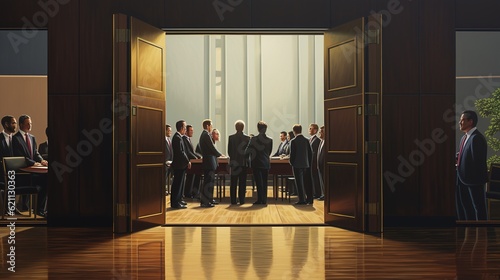 Business people negotiating at boardroom behind closed doors with generative ai