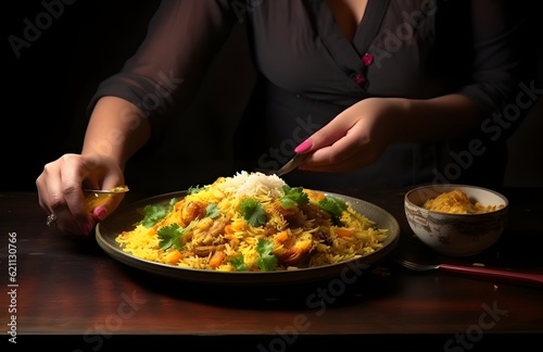 photo side view a woman hands a plate with biryani