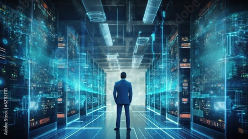 Digital marketing,Engineer connecting data center on global networking in mainframe of server room of storage systems and connect of data on internet network business. with generative ai