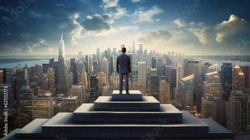 Man standing on stairs looking at growing graphs in city sky, generative ai