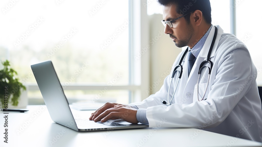 online medical consultation - doctor working on laptop computer in clinic office. copy space, generative ai