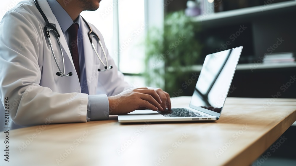 online medical consultation - doctor working on laptop computer in clinic office. copy space, generative ai online medical consultation - doctor working on laptop computer in clinic office. copy space, generative ai