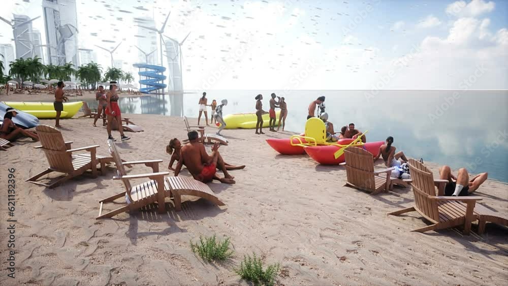 3d peoples and robots on futuristic beach. Future concept. Realistic 4k animation. 3d peoples and robots on futuristic beach. Future concept. Realistic 4k animation.