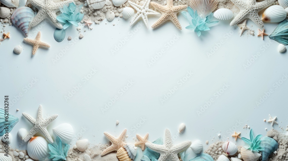 Sea elements card template, beach background design with border frame for template. composition with copy-space, Generative AI illustration