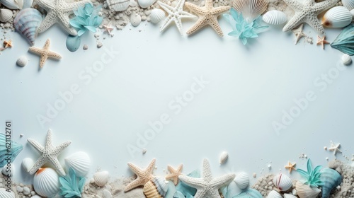 Obraz na płótnie Sea elements card template, beach background design with border frame for template. composition with copy-space, Generative AI illustration w salonie