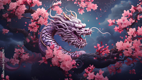  chinese dragon, astral background, chinese zodiac background, cherry blossoms, flowers, chinese new year 