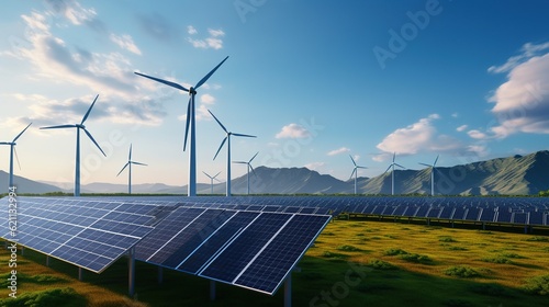 Solar energy panel photovoltaic cell and wind turbine farm power generator in nature landscape for production of renewable green energy is friendly industry, generative ai