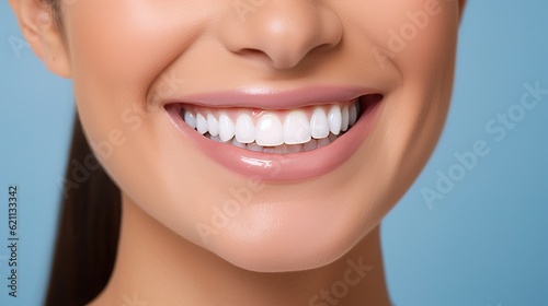 Teeth  smile and mouth of a woman for dental care isolated on a blue background in studio. Healthcare  happy and model showing the results of a tooth whitening treatment  generative ai
