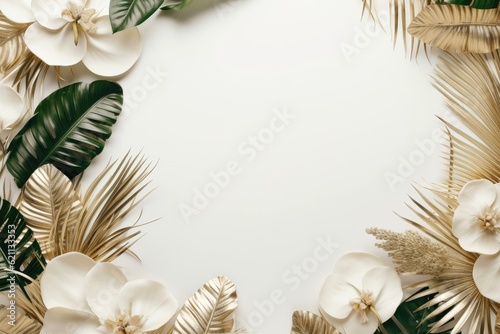 Floral border frame card template. multicolor flowers, leaves, for banner, wedding card. Springtime composition with copy-space, Generative AI illustration