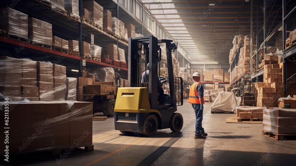 Warehouse employee holding a loaded pallet jack in a logistics centre with generative ai