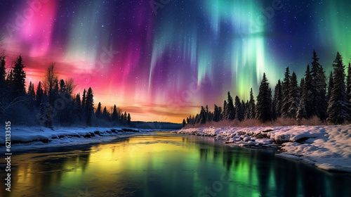 The ethereal beauty of the Northern Lights, with vibrant ribbons of dancing colors illuminating the night sky in a mesmerizing display of nature's splendor. Generative AI  © alionaprof
