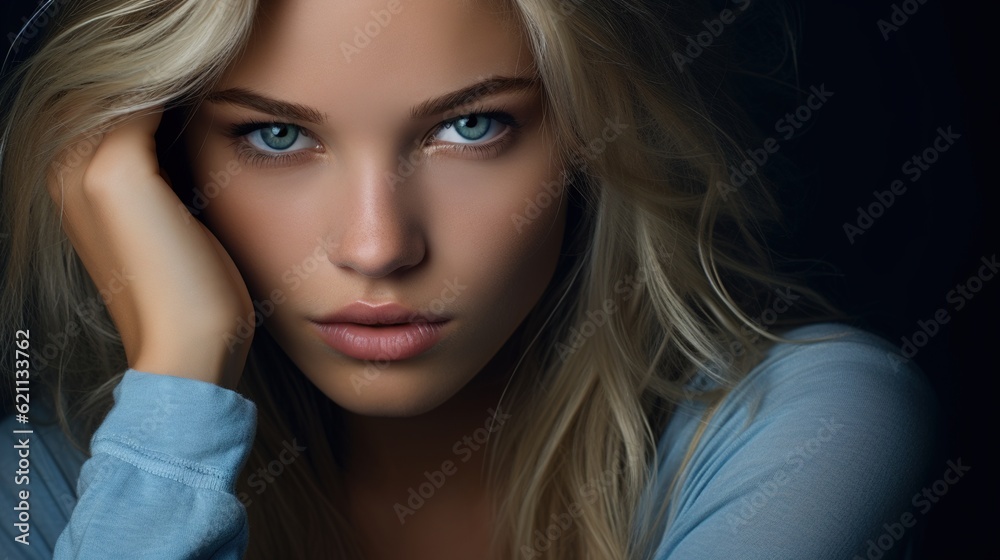 Woman with blue eyes, looking over her shoulder with generative ai Woman with blue eyes, looking over her shoulder with generative ai