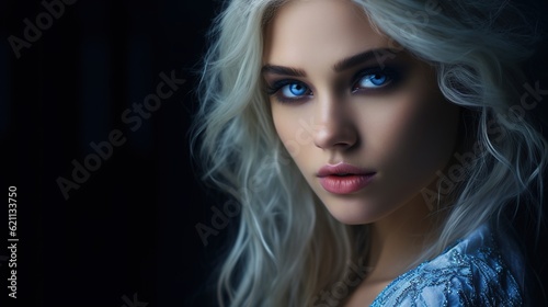 Woman with blue eyes, looking over her shoulder with generative ai
