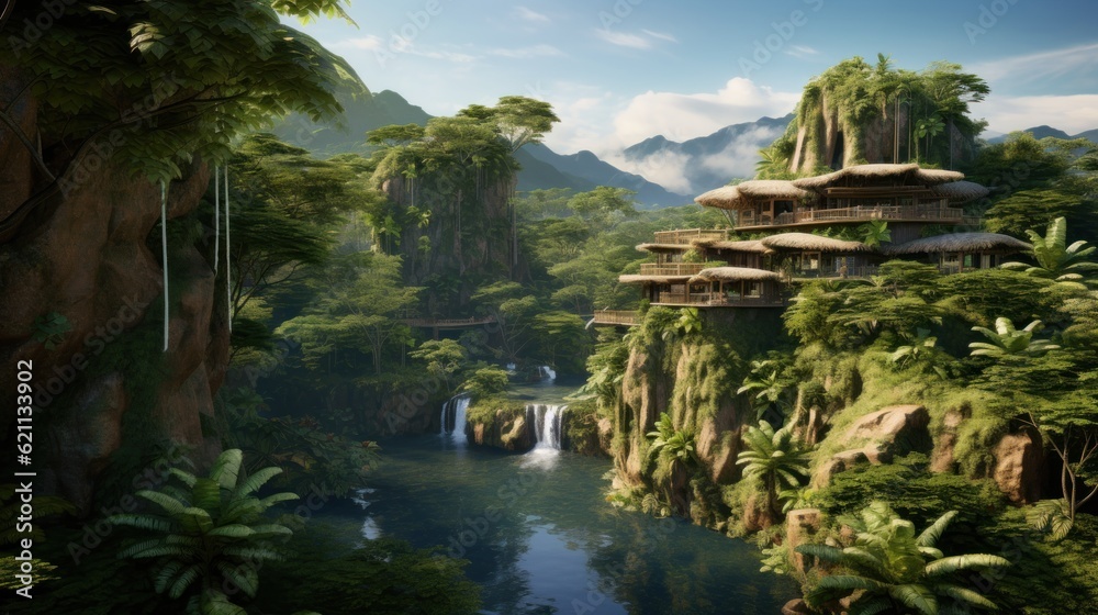 World inspired by the Amazon rainforest, with lush greenery, exotic wildlife, and tribal communities