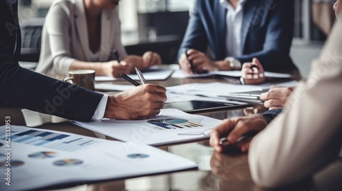 Paperwork and group of peoples hands on a board room table at a business presentation or seminar. The documents have financial or marketing figures, graphs and charts on them, generative ai