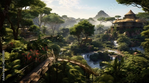 World inspired by the Amazon rainforest, with lush greenery, exotic wildlife, and tribal communities