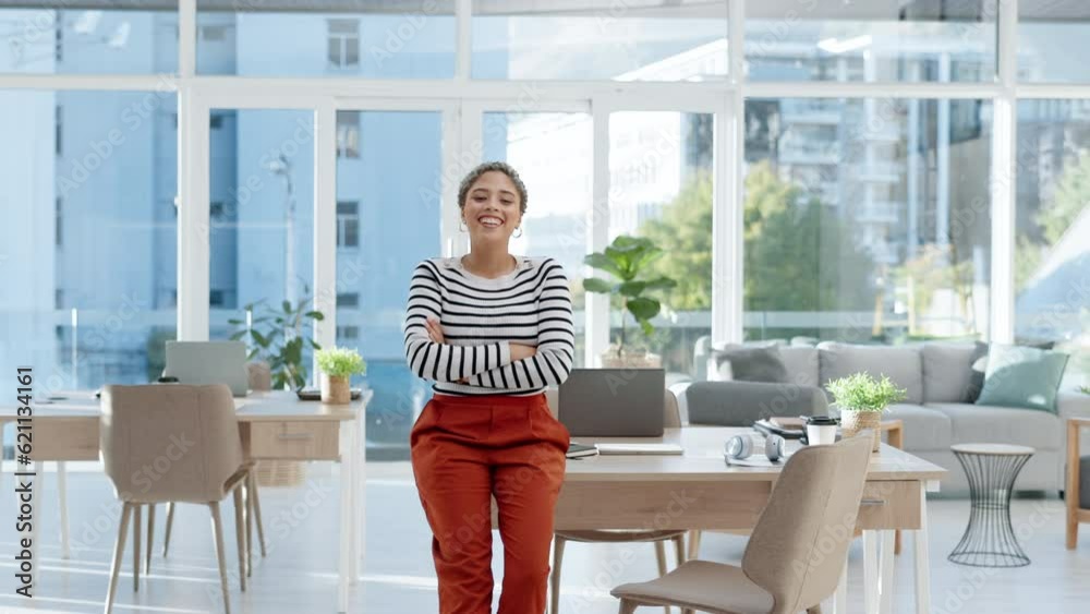 Face, business and woman with arms crossed, smile and employee with success, modern office and growth. Portrait, female person and consultant with happiness, workplace and professional with a mindset Face, business and woman with arms crossed, smile and employee with success, modern office and growth. Portrait, female person and consultant with happiness, workplace and professional with a mindset