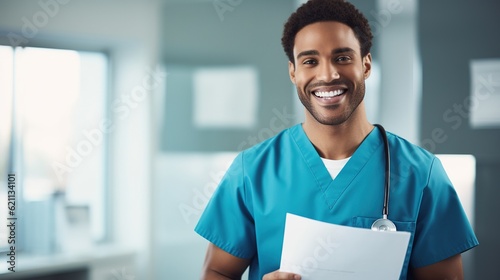 Young smiling male assistant in blue medical scrubs holding document while standing in front of camera with generative ai © WS Studio 1985