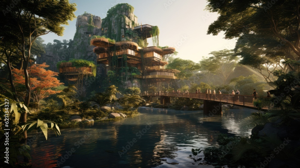 Obraz premium World inspired by the Amazon rainforest, with lush greenery, exotic wildlife, and tribal communities