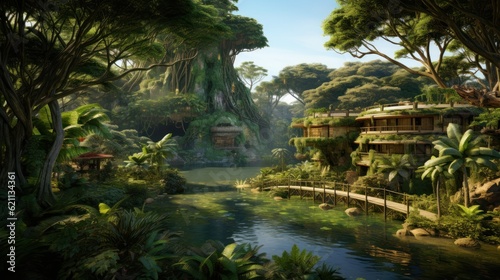 World inspired by the Amazon rainforest  with lush greenery  exotic wildlife  and tribal communities