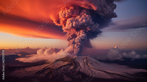 A volcanic eruption, with a towering plume of smoke and ash ascending into the sky, evoking a sense of both danger and breathtaking natural beauty. Generative AI © alionaprof