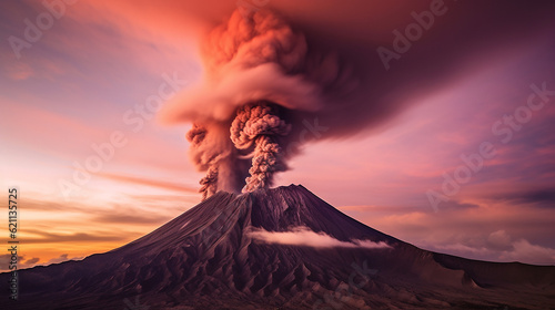 A volcanic eruption  with a towering plume of smoke and ash ascending into the sky  evoking a sense of both danger and breathtaking natural beauty. Generative AI