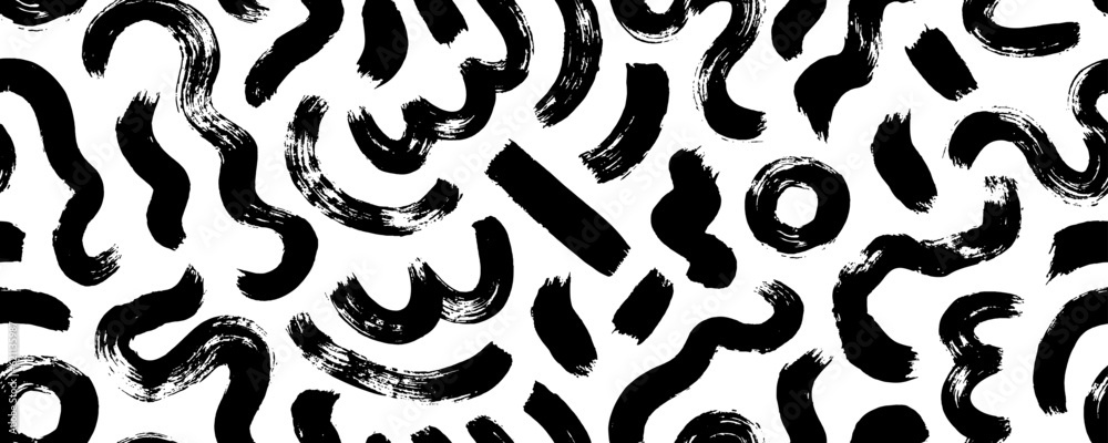 Biological grunge squiggle lines seamless pattern. Brush drawn bold curved strokes, thick waves and circles. Arches and straight brush strokes. Vector organic irregular circular lines.