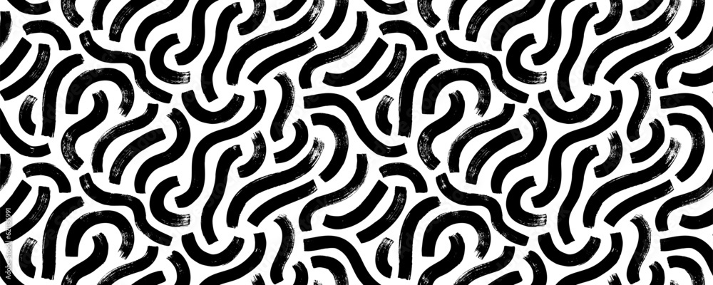 Abstract organic bold lines seamless pattern. Brush drawn black squiggles, thick curved brush strokes. Fun vector seamless pattern with wavy lines. Creative doodle organic bold strokes.