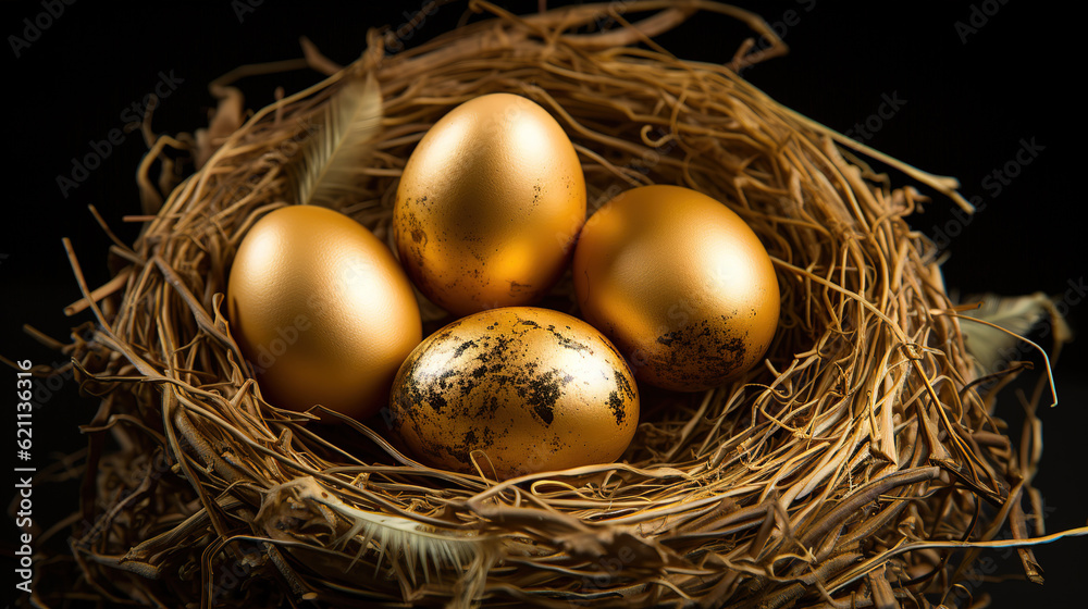 Golden eggs in bird's nest on dark background.