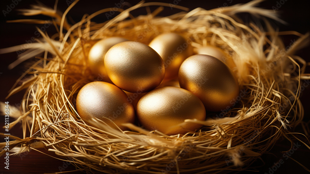 Fototapeta premium Golden eggs in bird's nest on dark background.